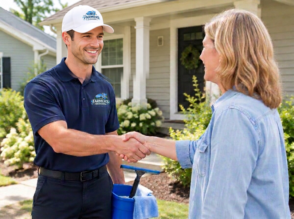 Smiling window cleaner shaking hands with a homeowner in front of her house