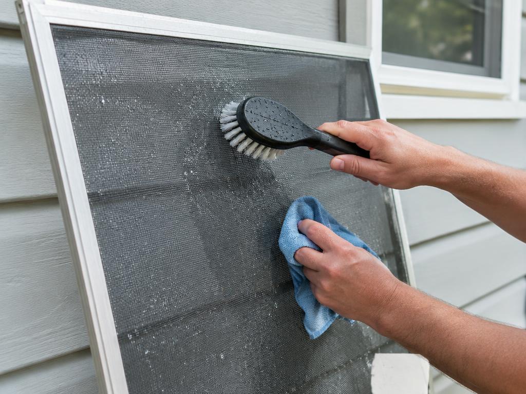 Close-up of hands scrubbing and wiping a window screen clean