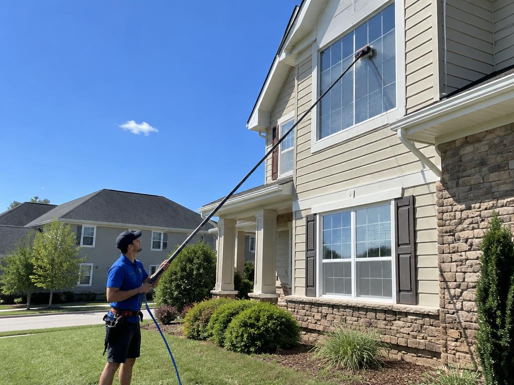 Window cleaner using a water-fed tucker pole to clean second-story windows on a home